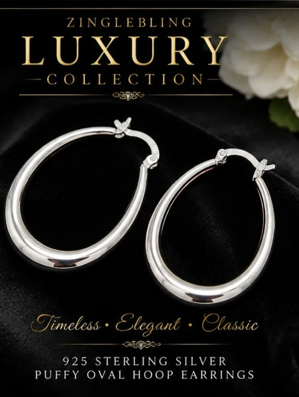 925 Sterling Silver Puffy Oval Hoop Earrings High Polish NWT